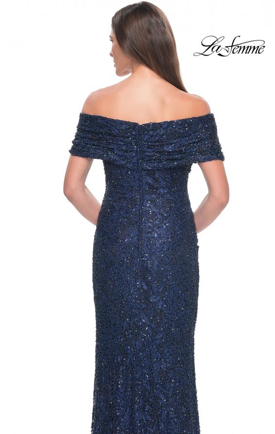 Picture of: Off the Shoulder Ruched Beaded Lace Evening Gown in Navy, Style: 31778, Detail Picture 4