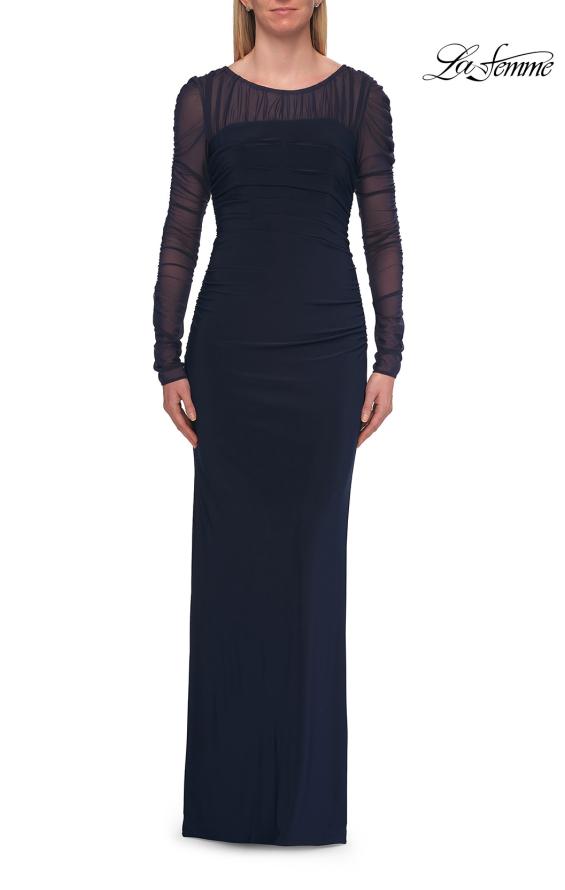 Picture of: Long Sleeve Sheer Net Jersey Gown with Ruching in Navy, Style: 33282, Detail Picture 4