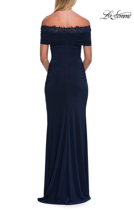 Picture of: Off the Shoulder Lace Trim Evening Gown in Navy, Style: 33329, Detail Picture 4