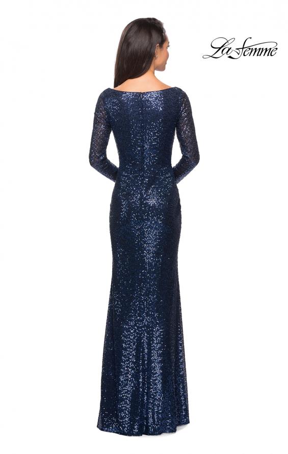 Picture of: Long Sleeve Sequined Gown with Soft V-Neckline in Navy, Style: 25331, Detail Picture 5