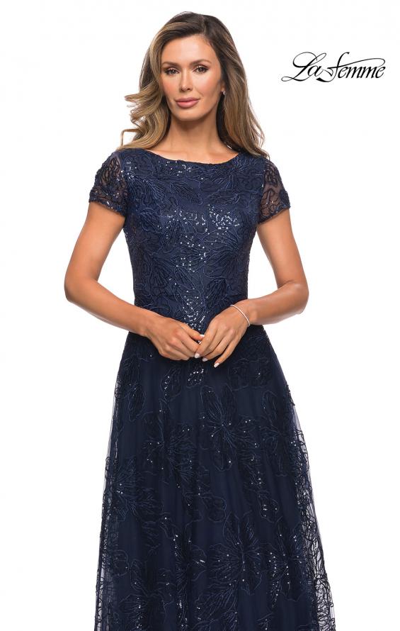 Picture of: Sequin Lace A-line Gown with Sheer Short Sleeves in Navy, Style: 27837, Detail Picture 5
