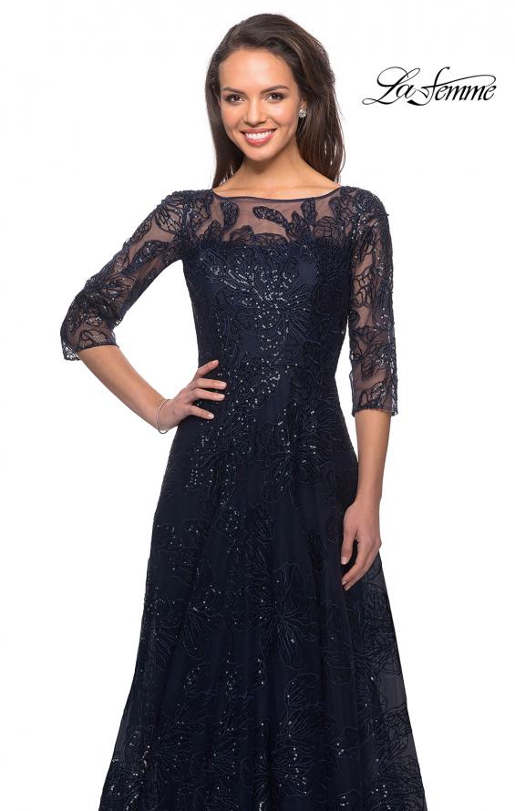 Picture of: A-line Lace Sequin Gown with Sheer Scoop Neckline in Navy, Style: 27942, Detail Picture 5