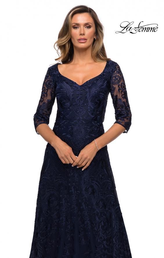 Picture of: Embroidered Lace Gown with V Neckline and Flare Skirt in Navy, Style: 27949, Detail Picture 5