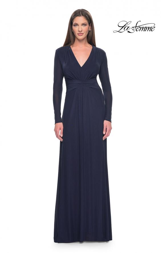 Picture of: Long Sleeve Jersey Evening Dress with Ruching Detail in Navy, Style: 30048, Detail Picture 5