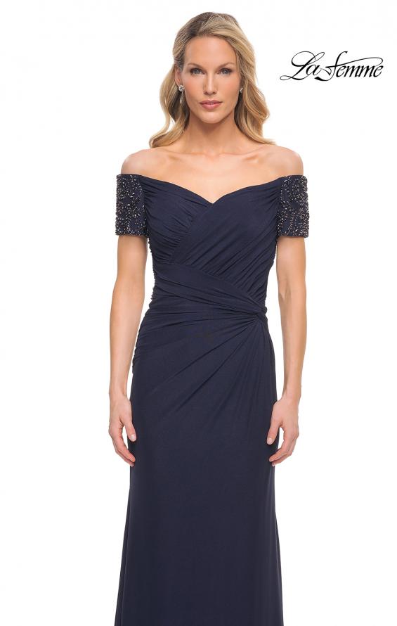 Picture of: Net Jersey Long Gown with Exquisite Beaded Design in Blue, Style: 30057, Detail Picture 5
