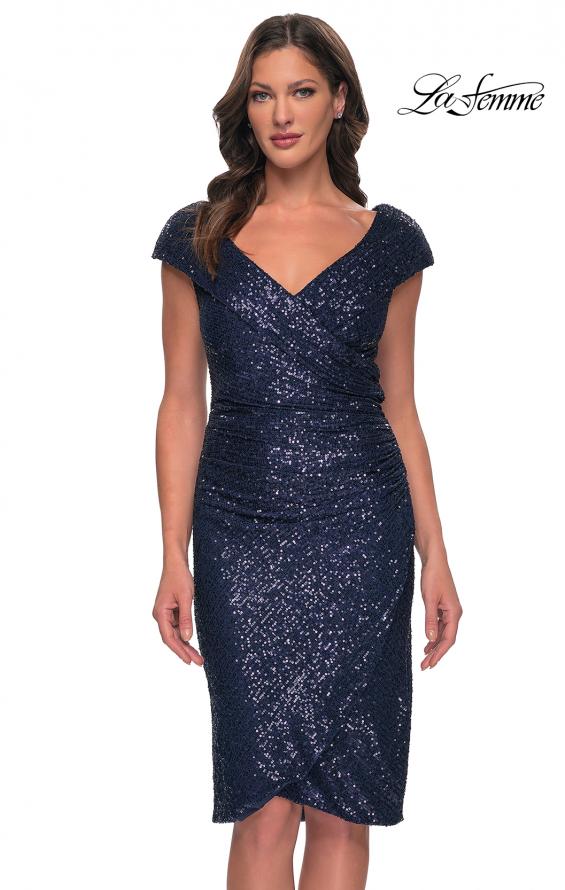 Picture of: Off the Shoulder Sequin Short Evening Dress with Ruching in Navy, Style: 30323, Detail Picture 5