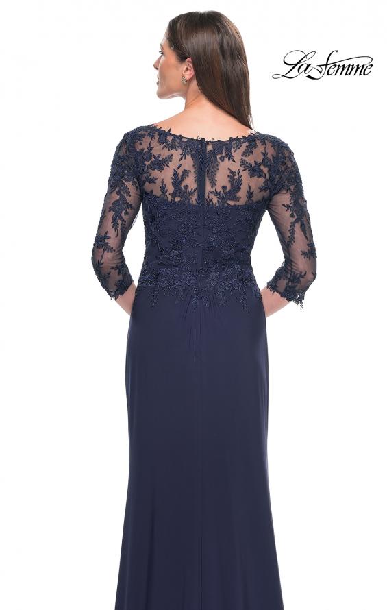 Picture of: Long Evening Gown with Lace Illusion Sleeves and Neckline in Navy, Style: 30385, Detail Picture 5