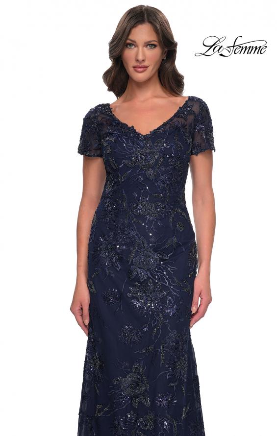 Picture of: Gorgeous Beaded Long Gown with Short Sleeves and V Neck in Navy, Style: 30798, Detail Picture 5