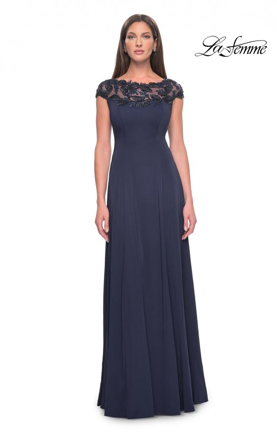Picture of: A-Line Satin Dress with Stunning Beaded Neckline and Short Sleeves in Navy, Style: 31195, Detail Picture 5