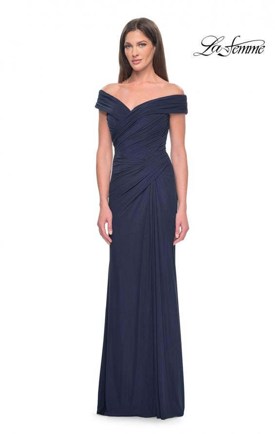 Picture of: Off the Shoulder Jersey Evening Gown with Ruching in Navy, Style: 31677, Detail Picture 5