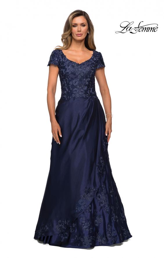 Picture of: V-neck Jersey Floor Length Gown with Short Sleeves in Navy, Style: 27033, Detail Picture 6