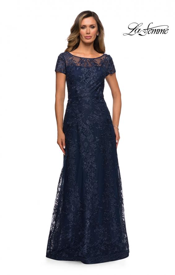 Picture of: Long Lace Dress with Sheer Neckline and Cap Sleeves in Navy, Style: 27935, Detail Picture 6