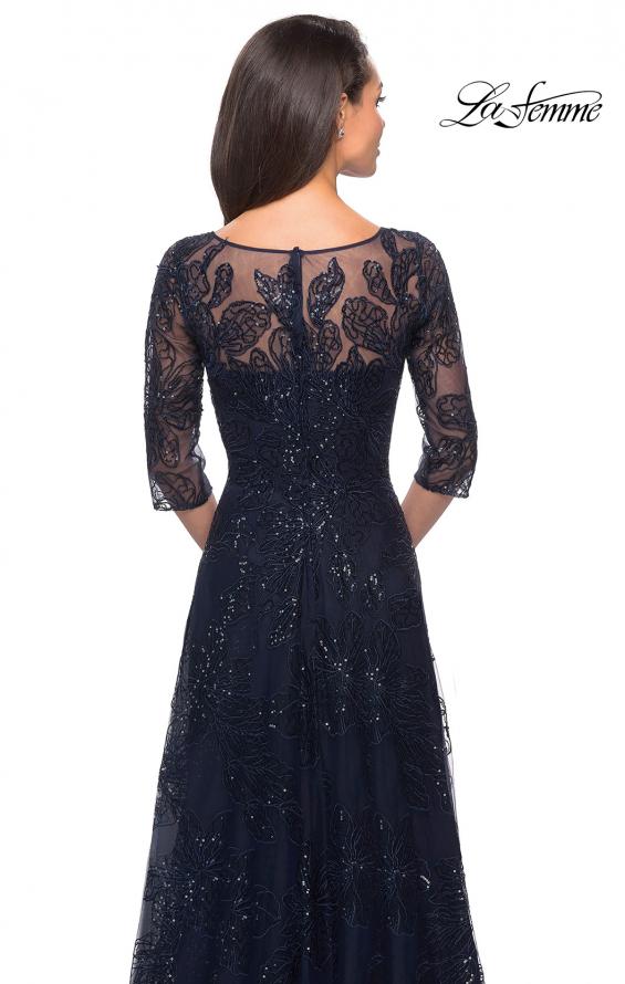 Picture of: A-line Lace Sequin Gown with Sheer Scoop Neckline in Navy, Style: 27942, Detail Picture 6