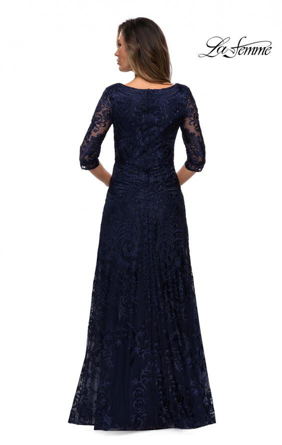 Picture of: Embroidered Lace Gown with V Neckline and Flare Skirt in Navy, Style: 27949, Detail Picture 6