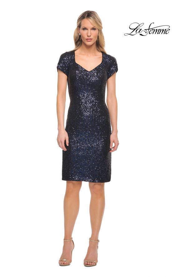 Picture of: Knee Length Sequin Dress with Short Sleeves in Navy, Detail Picture 6