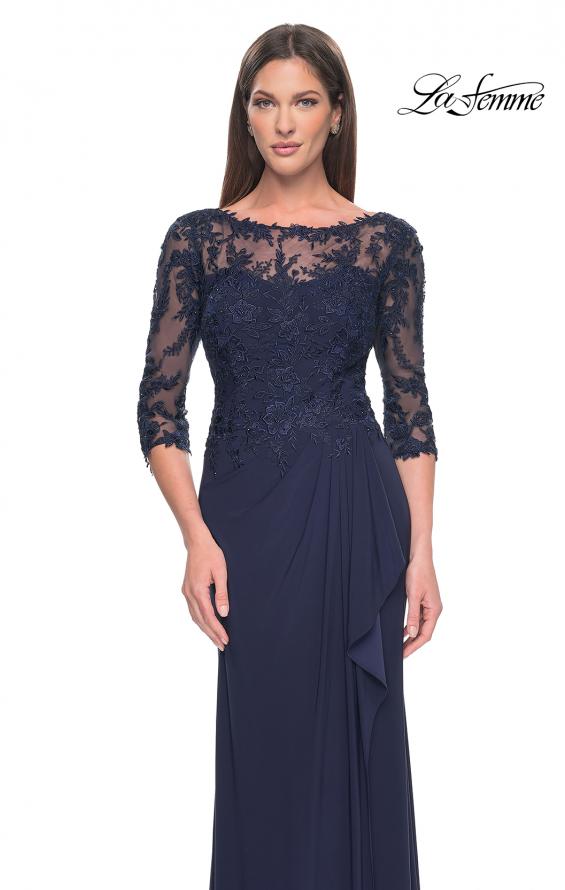 Picture of: Long Evening Gown with Lace Illusion Sleeves and Neckline in Navy, Style: 30385, Detail Picture 6