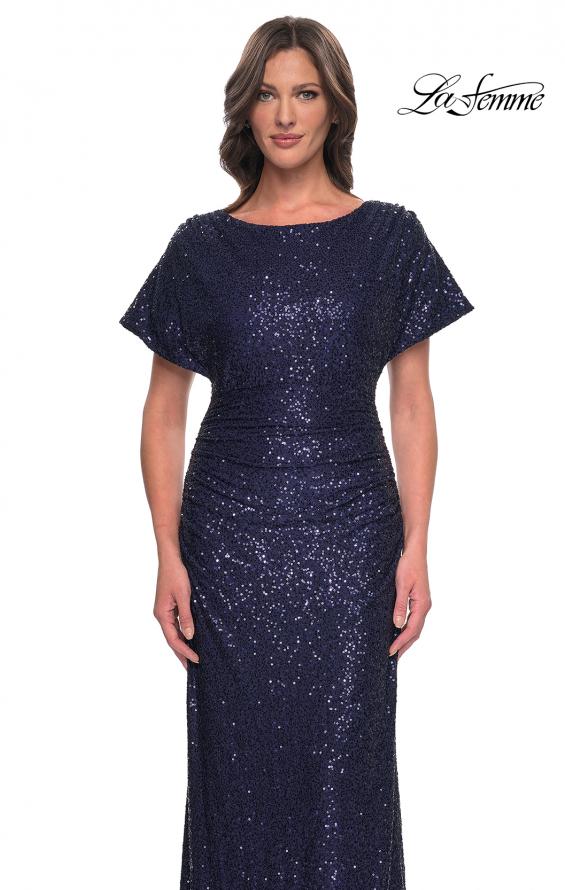 Picture of: Sequin Stretch Evening Dress with High Neckline and Dolman Sleeves in Navy, Style: 30885, Detail Picture 6