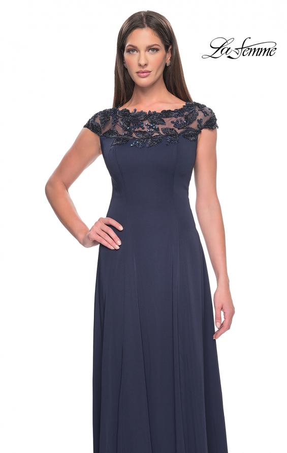 Picture of: A-Line Satin Dress with Stunning Beaded Neckline and Short Sleeves in Navy, Style: 31195, Detail Picture 6