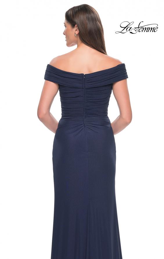 Picture of: Off the Shoulder Jersey Evening Gown with Ruching in Navy, Style: 31677, Detail Picture 6
