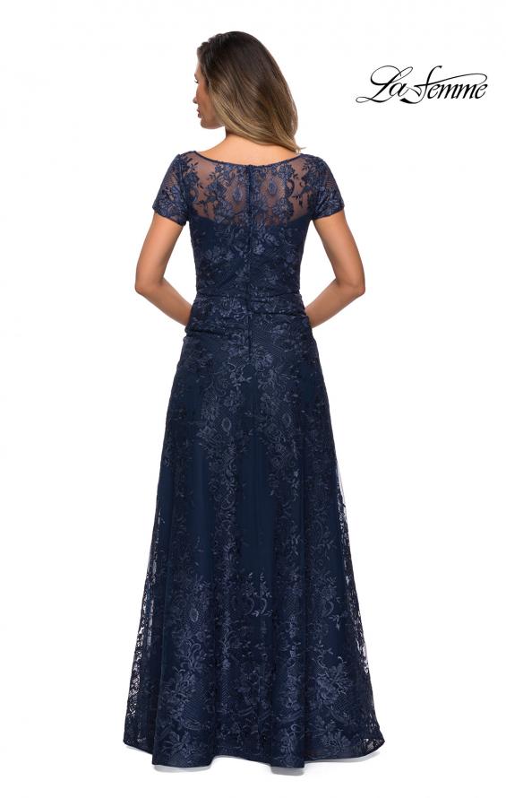 Picture of: Long Lace Dress with Sheer Neckline and Cap Sleeves in Navy, Style: 27935, Detail Picture 7