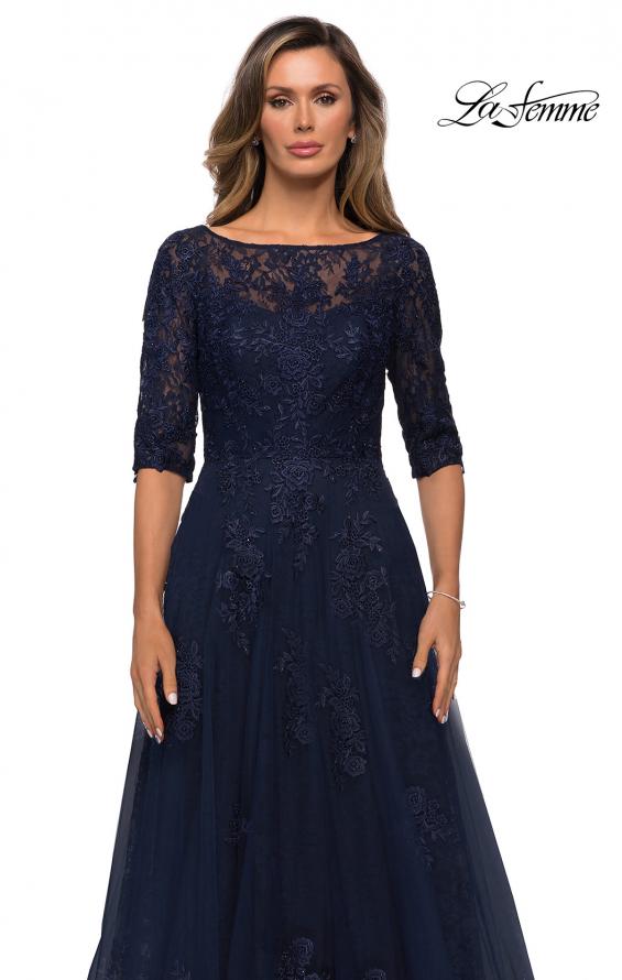 Picture of: Lace and Tulle A-line Gown with Three Quarter Sleeves in Navy, Style: 28036, Detail Picture 7
