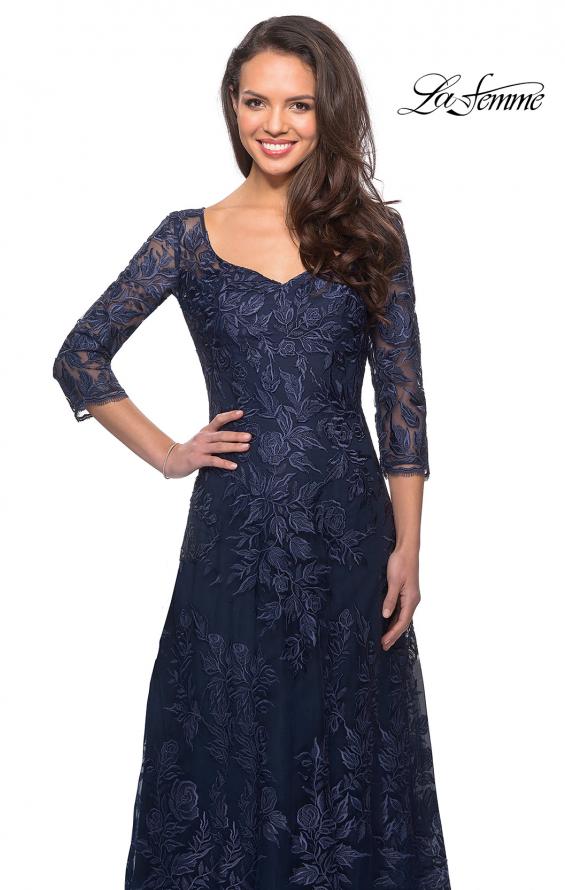 Picture of: Long Lace A-line Three Quarter Sleeve Gown in Navy, Style: 28053, Detail Picture 7