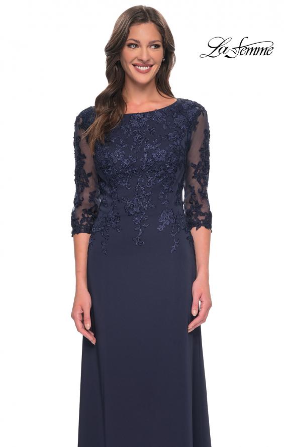 Picture of: Jersey Gown with Boat Neckline and Lace Detailing in Navy, Style: 29251, Detail Picture 7