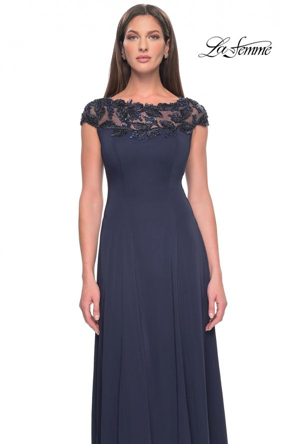 Picture of: A-Line Satin Dress with Stunning Beaded Neckline and Short Sleeves in Navy, Style: 31195, Detail Picture 7