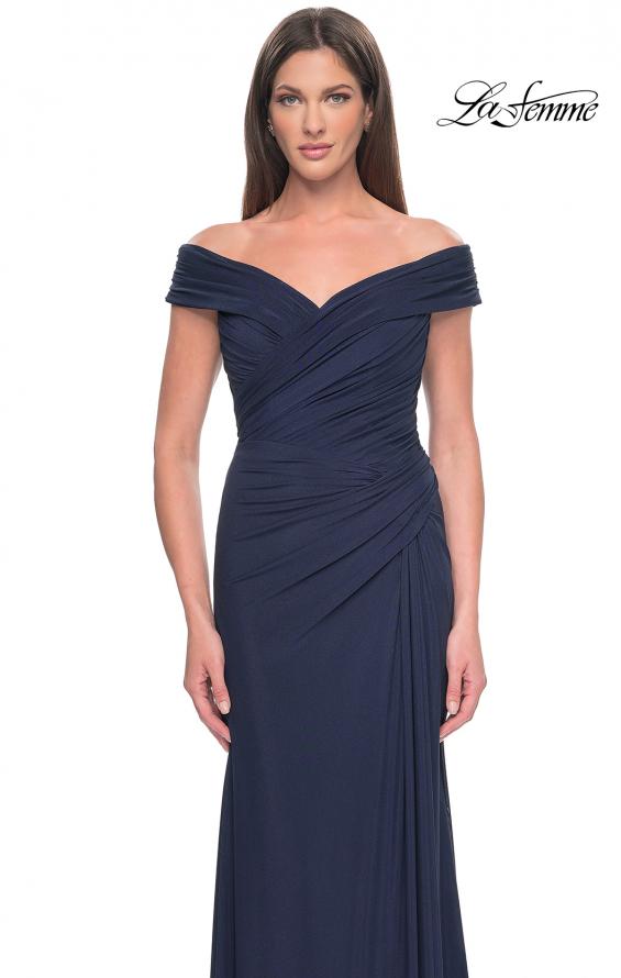 Picture of: Off the Shoulder Jersey Evening Gown with Ruching in Navy, Style: 31677, Detail Picture 7