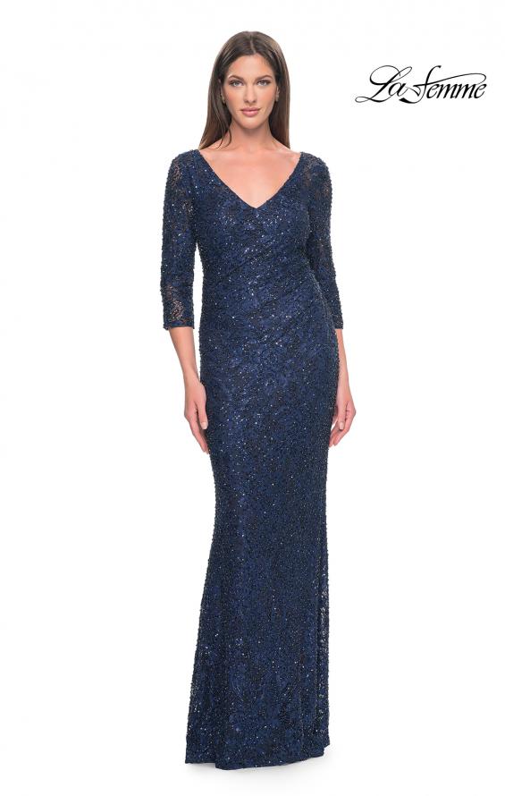 Picture of: Fitted Beaded Lace Evening Gown with Ruching in Navy, Style: 31721, Detail Picture 7