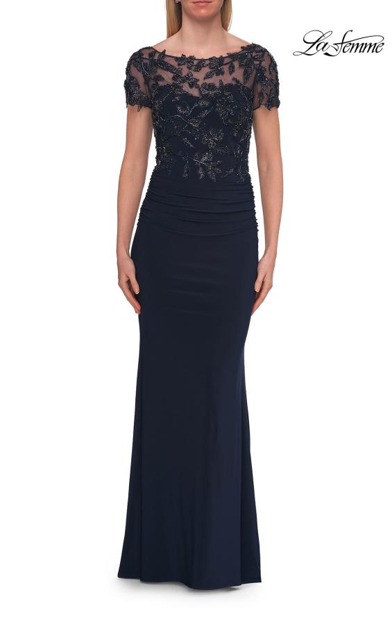 Picture of: Beaded Lace Illusion Bodice Evening Gown in Navy, Style: 33332, Detail Picture 7