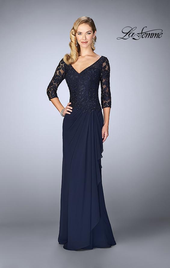 Picture of: Crepe Chiffon Gown with Lace Sweetheart Neckline in Navy, Style: 24857, Main Picture