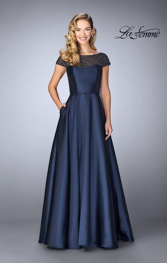 Picture of: A-line Mikado Gown with Sheer Beaded Top in Navy, Style: 24883, Main Picture