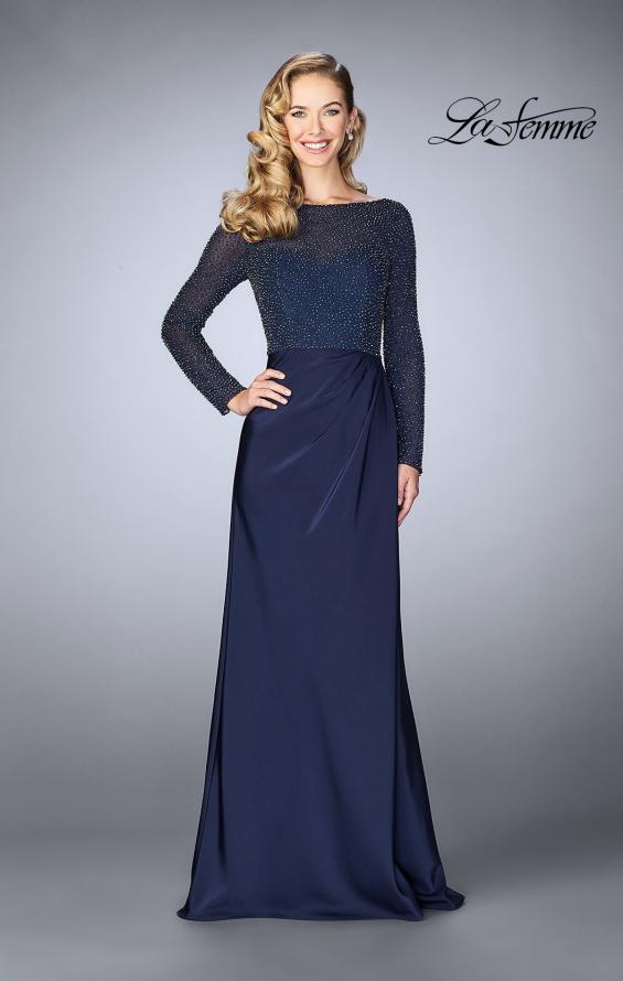 Picture of: Beaded Long Evening Gown with Sheer Sleeves in Navy, Style: 24895, Main Picture