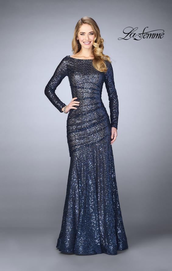 Picture of: Gathered Sequin Prom Gown With Long Sleeves in Navy, Style: 24919, Main Picture