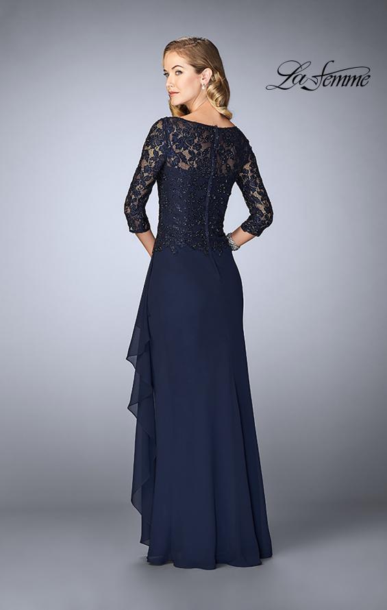 Blue Picture of: Crepe Chiffon Gown with Lace Sweetheart Neckline in Navy, Style: 24857, Back Picture