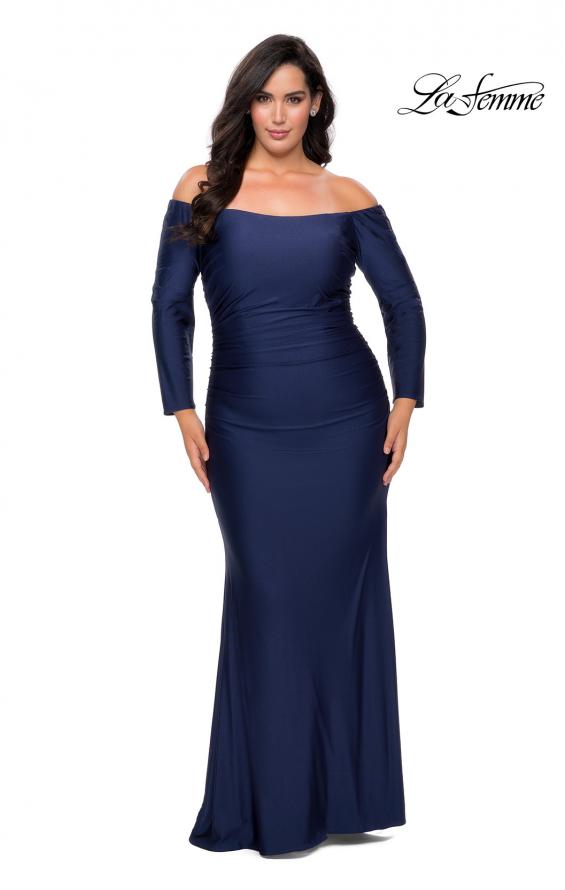 Picture of: Off The Shoulder Jersey Plus Size Long Sleeve Prom Gown in Navy, Style: 28881, Main Picture