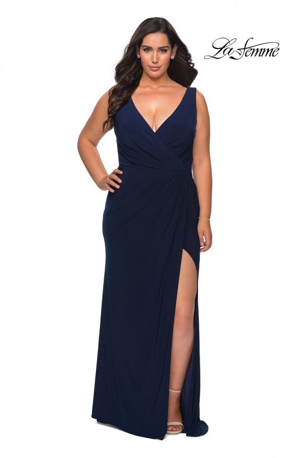 Picture of: Jersey Plus Size Prom Dress with V-Neckline and Slit in Navy, Style: 28882, Main Picture