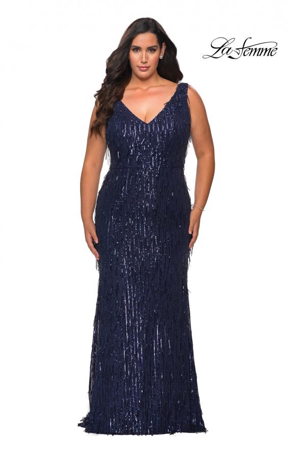 Picture of: Sequin Fringe Plus Size Prom Gown with V-Neck in Navy, Style: 28946, Main Picture
