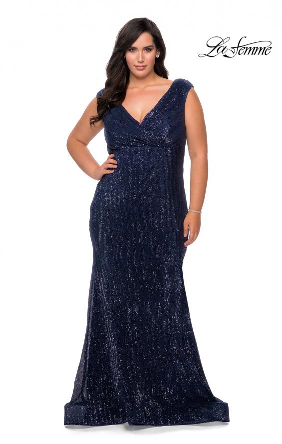 Picture of: Faux Wrap Bodice Sequin Plus Size Prom Gown in Navy, Style: 28962, Main Picture