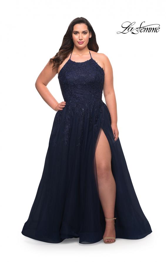 Picture of: Tulle Gown with Lace Bodice and High Neckline in Navy, Style: 29071, Main Picture