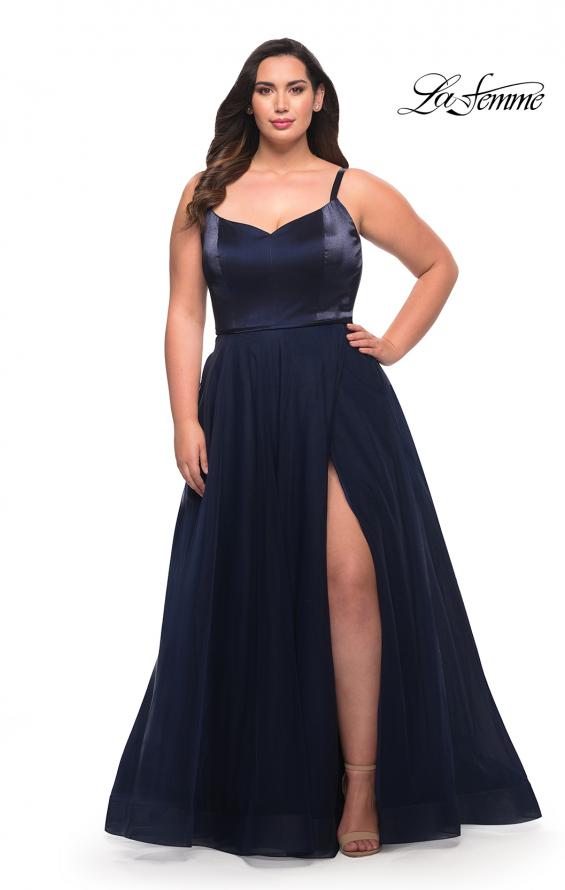 Picture of: Long Plus Size Gown with Tulle Skirt and Satin Top in Navy, Style: 29072, Main Picture