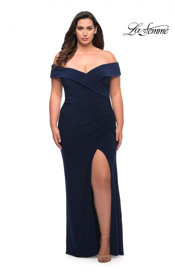 Picture of: Jersey Plus Size Dress with Off the Shoulder Top in Navy, Style: 29397, Main Picture