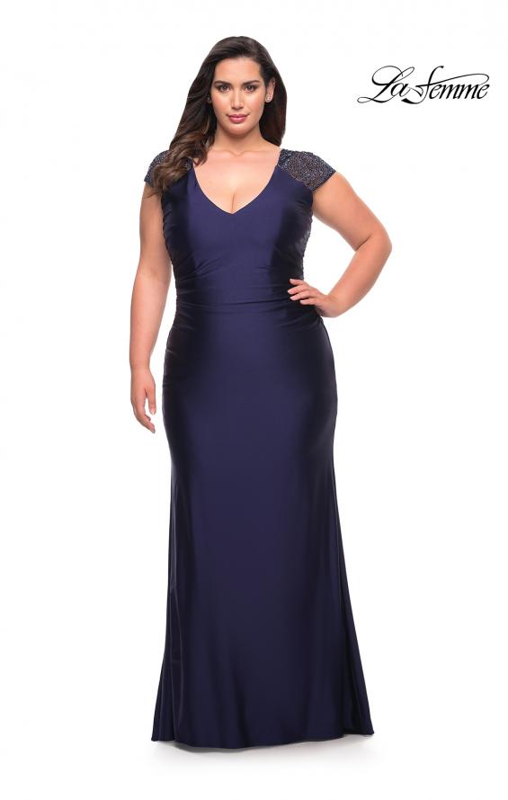 Picture of: Long Jersey Gown with Jeweled Cap Sleeves in Navy, Style: 29481, Main Picture
