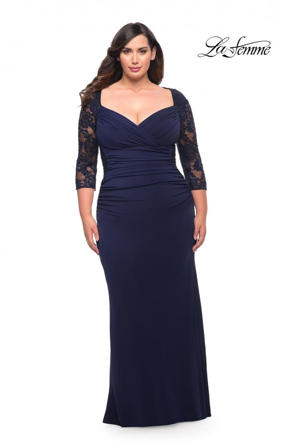 Picture of: Jersey Plus Dress with Lace Sleeves and Back in Navy, Style: 29586, Main Picture