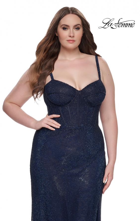 Picture of: Bustier Plus Size Dress with Rhinestone Fishnet Fabric in Navy, Style: 32243, Main Picture