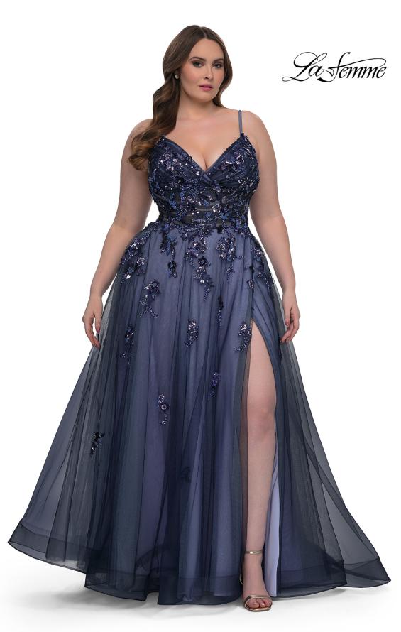 Picture of: Stunning A-line Plus Dress with Sequin Beaded Applique in Navy , Style: 33061, Main Picture