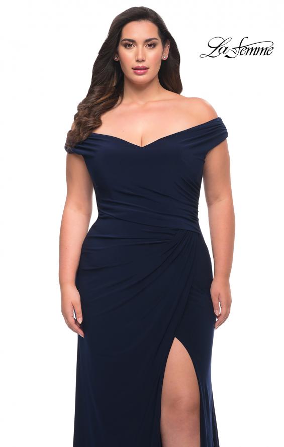 Picture of: Matte Jersey Long Plus Dress with Ruching and Slit in Navy, Style: 29663, Detail Picture 8