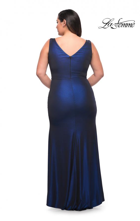 Picture of: Metallic Jersey Plus Gown with Slit and V Neckline in Navy, Style: 30267, Detail Picture 8