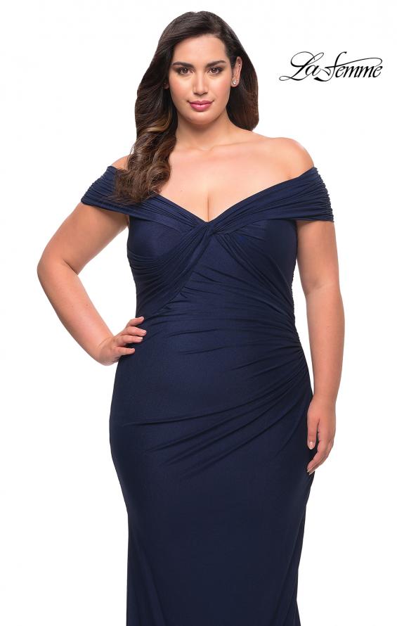 Picture of: Long Net Jersey Plus Dress with Bodice Design in Navy, Style: 29635, Detail Picture 9